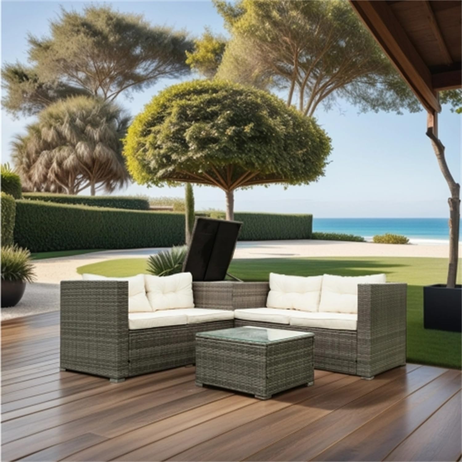 Grey 4-Piece Patio Wicker Rattan Sectional Sofa Set with Storage Box R300209
