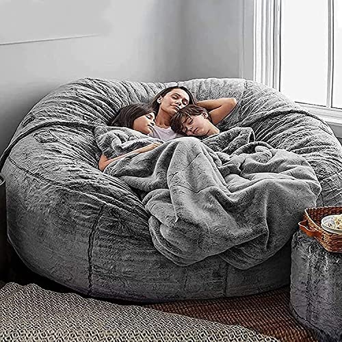 7ft Soft Fluffy Giant Fur Bean Bag Chair Cover for Adult, Round Lazy Sofa Bed Cover, Color C E82828
