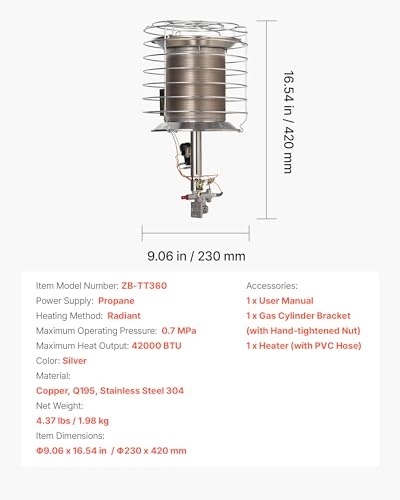 VEVOR Propane Tank Top Heater, 42000 BTU Infrared Radiant, Single Burner I852370