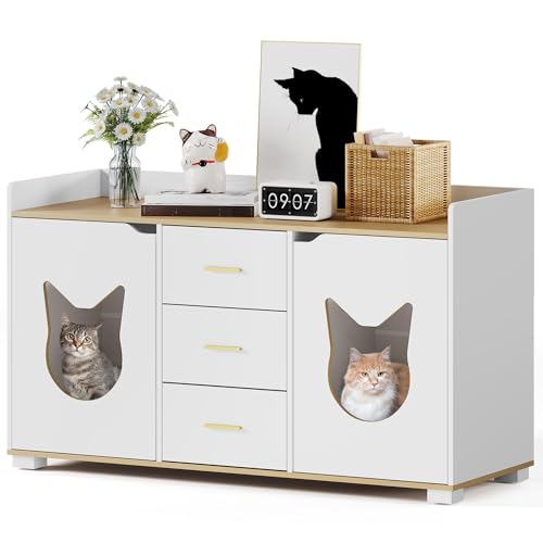 YITAHOME Cat Litter Box Enclosure with Double Room for 2 Cats, Storage Cabinet Design Large Hidden Litter Box Furniture with Drawers, Wooden Cat Washroom Furniture, White, 55" L x 19.7" W x 31.5" H