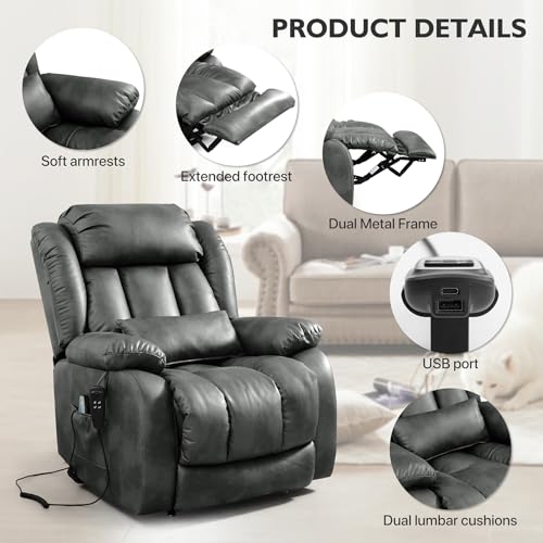 EDILLY Genuine Leather Power Lift Recliner Chair with Massage and Heating, Brown C901