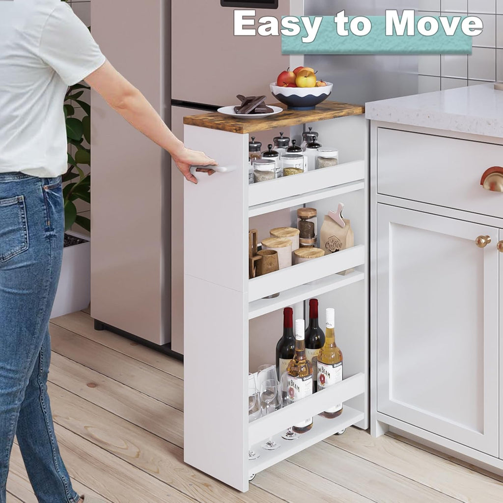 MARTY Slim Rolling Storage Cart 4-Tier Wood White Kitchen Cart with Wheels Q31344