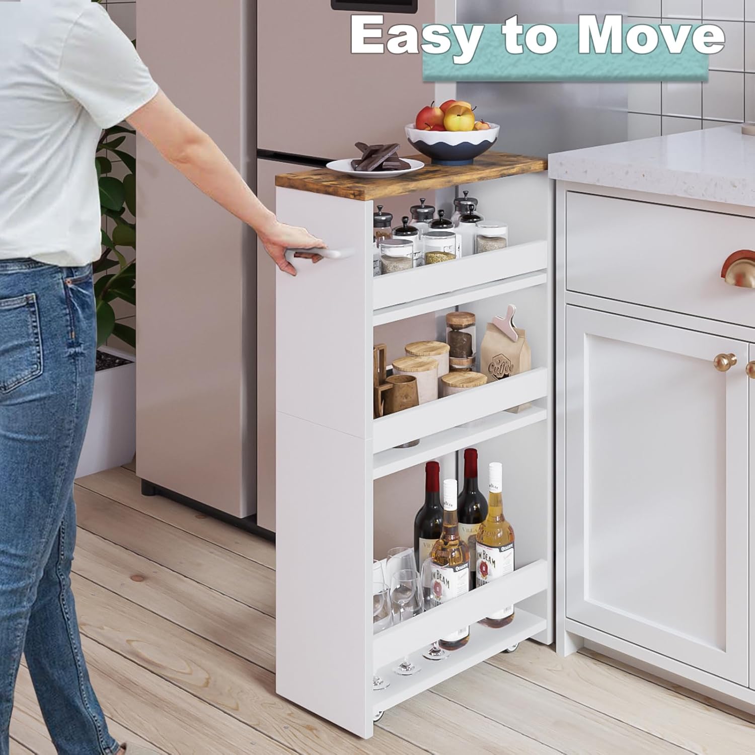 MARTY Slim Rolling Storage Cart 4-Tier Wood White Kitchen Cart with Wheels Q31344