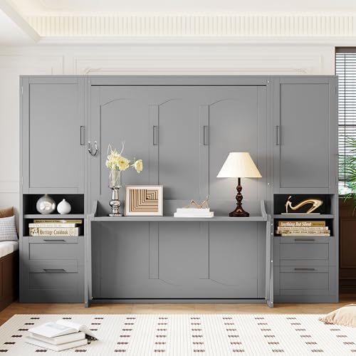 Ball & Cast Murphy Bed Queen Size Wall Chest with Charging Station and Storage Drawer, Gray J8503