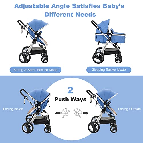 BABY JOY 2-in-1 Convertible Bassinet Reclining Stroller, Foldable Pram, Khaki I932
