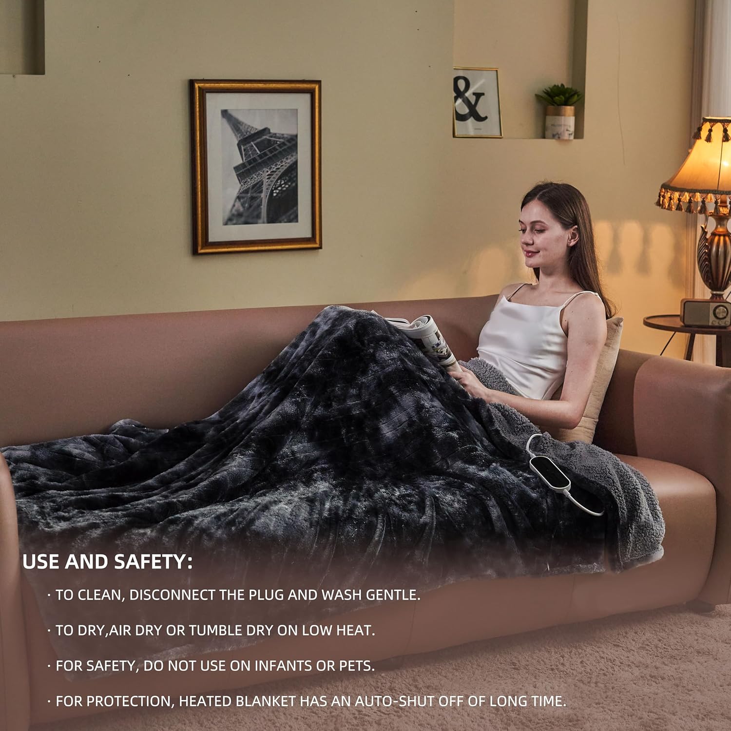 Heavyweight Heated Blanket Electric Throw with Sherpa Faux Fur, 50x62in, Black A43137