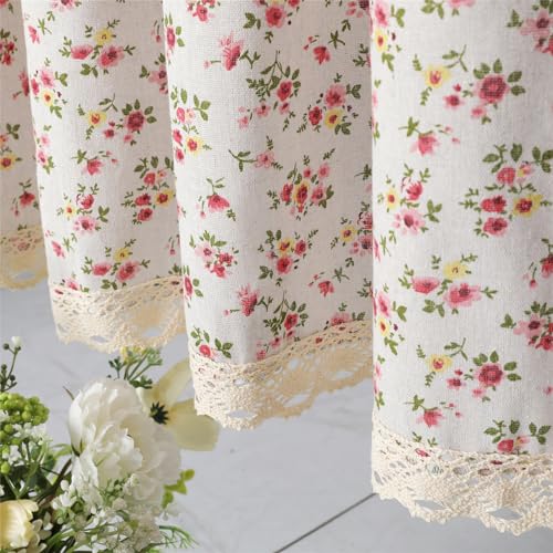 Farmhouse Cotton Linen Tier Curtain 36 Inch Long Elegant Floral Lace Window Treatment Kitchen Bathroom Short Curtain, 1 Panel, Little Grass and Flower on Beige