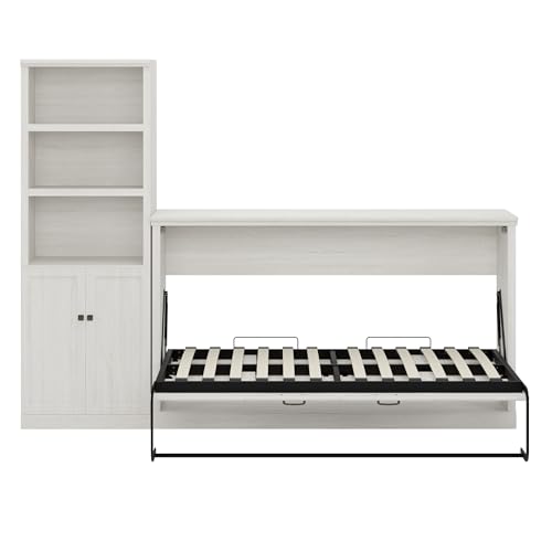 Merax Twin Murphy Bed with Storage Bookshelf and USB Charging, Rustic White U191604