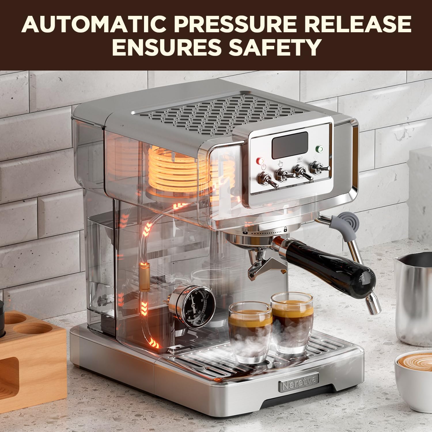 Neretva Espresso Machine, 15 Bar LCD Display, Stainless Steel with Milk Frother L295313