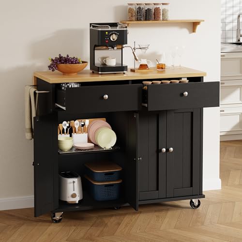 Shintenchi Kitchen Island with Drop Leaf, Rolling Cart with Storage, White T972