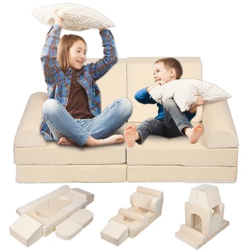 Modular Kids Play Couch, Floor Sofa for Children, DIY Creativing Playroom Furniture for Toddlers, Convertible Foam and Floor Cushion for Boys and Girls Beige