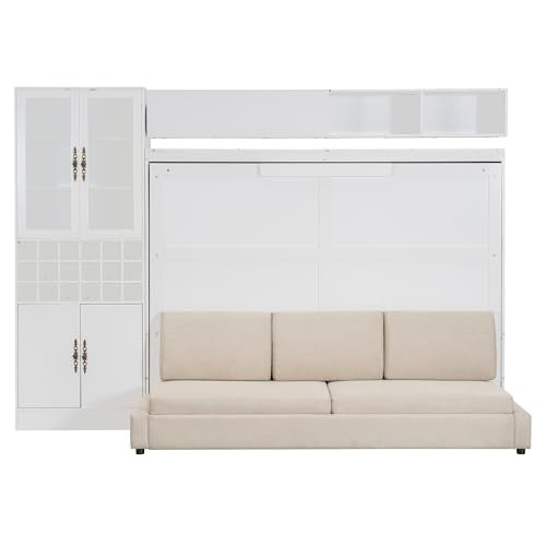 MERITLINE Queen Murphy Bed with Couch and Storage Shelves, LED Light, White J578