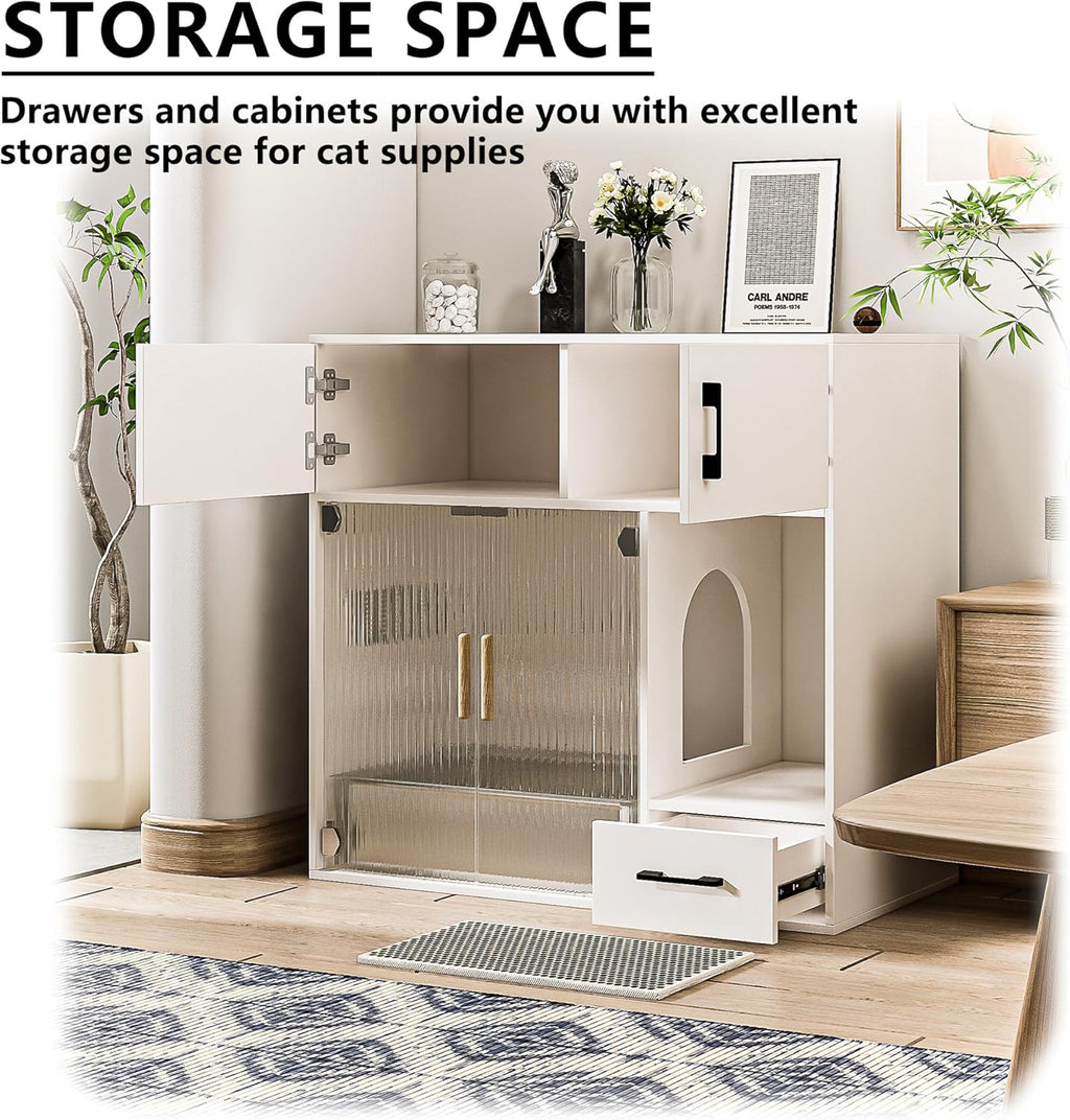 Cat Litter Box Enclosure Furniture Style White Cabinet Side Table with Storage O8952