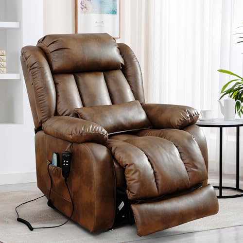 EDILLY Genuine Leather Power Lift Recliner Chair with Massage and Heating, Brown C901