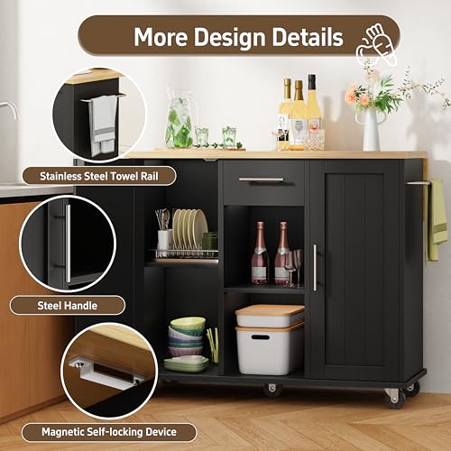 Shintenchi Kitchen Island with Drop Leaf, Rolling Cart with Storage, White T972