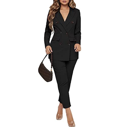 Women Double Breasted Blazer Set 2 Piece Pants Outfits Long Sleeve Business Suit L4740