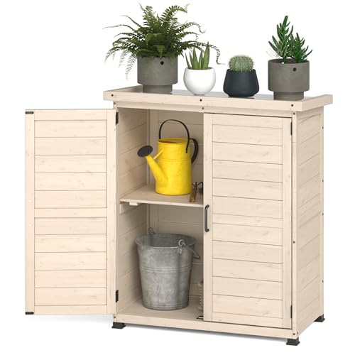 AECOJOY Outdoor Storage Cabinet with Waterproof Metal Tabletop and Removable Shelves, Beige B425