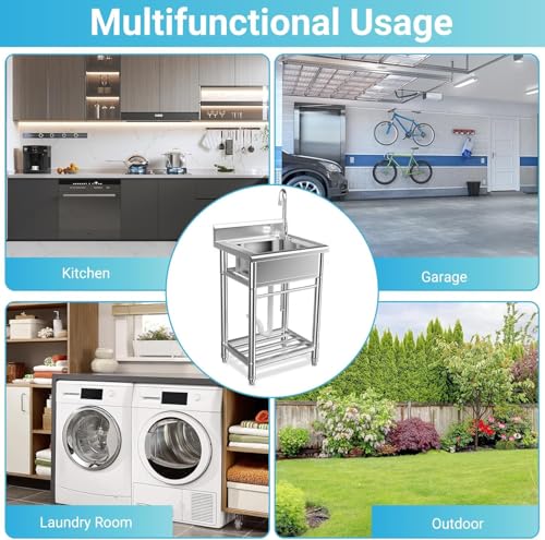 26 Inch Utility Sink, 304 Stainless Steel Free Standing with Pull-out Faucet B946