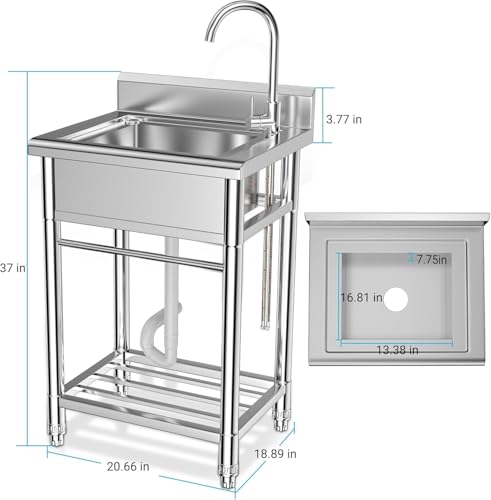 26 Inch Utility Sink, 304 Stainless Steel Free Standing with Pull-out Faucet B946