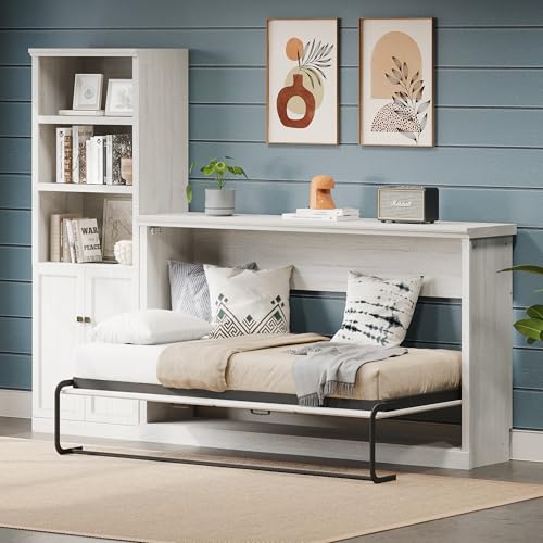Merax Twin Murphy Bed with Storage Bookshelf and USB Charging, Rustic White U191604