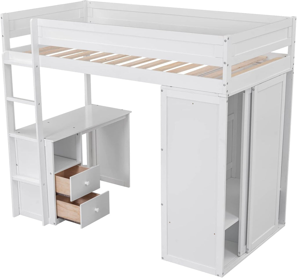 Modern Twin Loft Bed with Desk and Wardrobe, White L334490