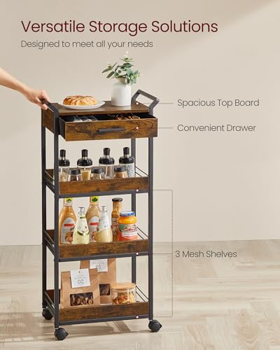 VASAGLE 4-Tier Rolling Utility Cart with Table Top, Lockable Casters, Rustic Brown and Ink Black L57262