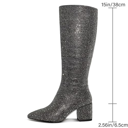 wetkiss Rhinestone PU Chunky Pointed Toe Ankle Boots for Women B1653