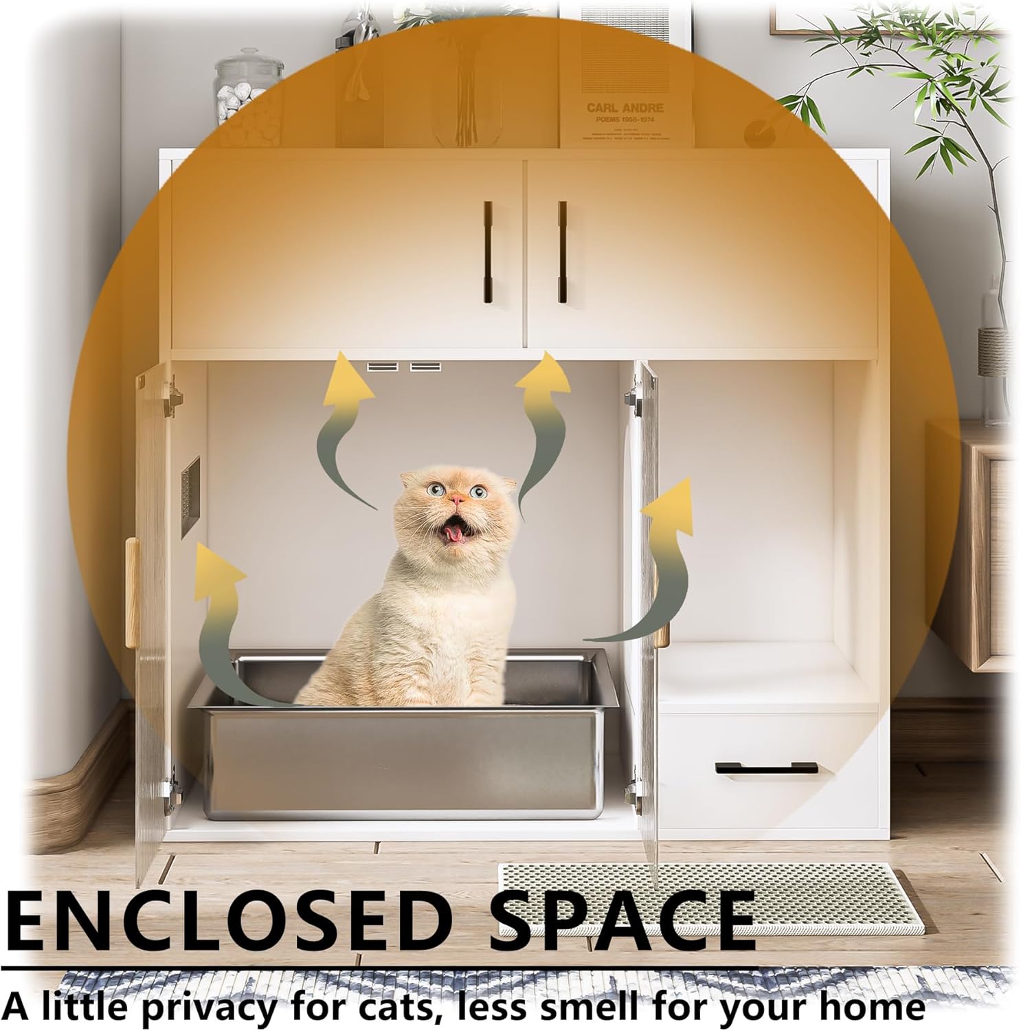 Cat Litter Box Enclosure Furniture Style White Cabinet Side Table with Storage O8952