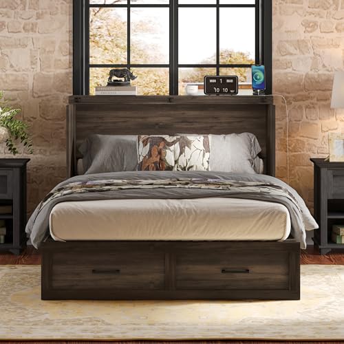 Murphy Cabinet Bed Frame with Charging Station, Full-Size Foldable Wall Bed Z526