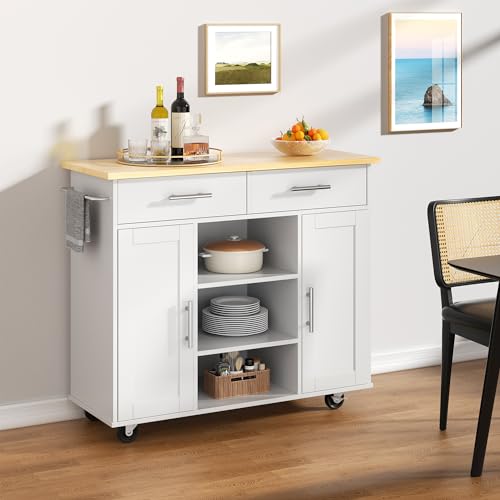 Shintenchi Kitchen Island with Drop Leaf, Rolling Cart with Storage, White T972