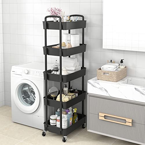 Sywhitta 3-Tier Plastic Rolling Utility Cart with Handle, Black F220270