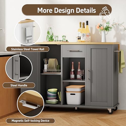 Shintenchi Kitchen Island with Drop Leaf, Rolling Cart with Storage, White T972