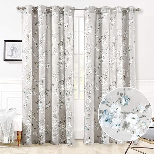 DriftAway Floral Pencil Sketch Blackout Curtains 2 Panels 52x84 Inch Gray White H115