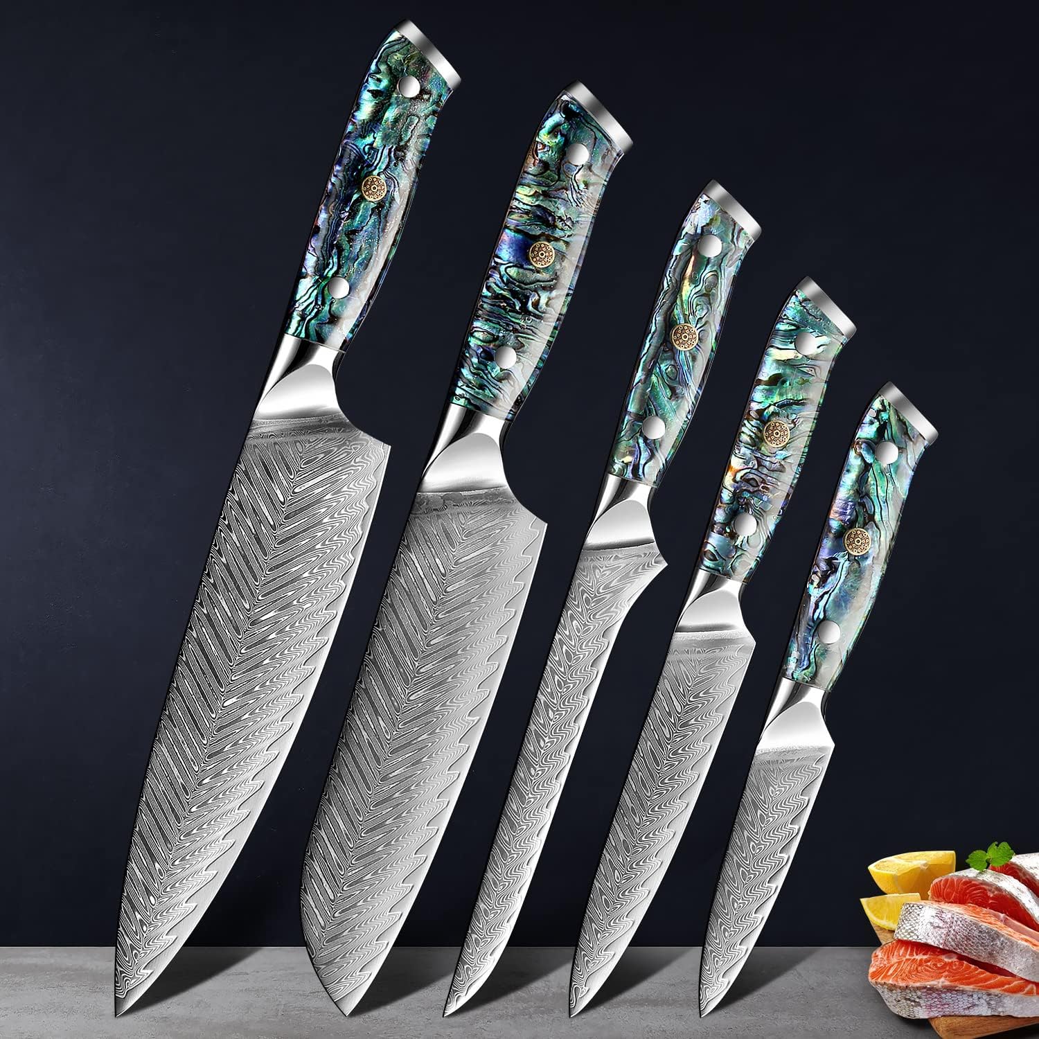 SENKEN 5-Piece Damascus Steel Knife Set with Walnut Magnetic Knife Block H191