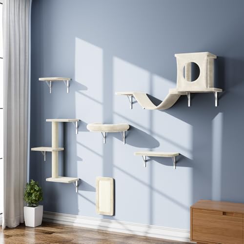NUNU LAB Wall Mounted Cat Furniture, 7 Pcs Cat Wall Shelves with House, Gray T582052