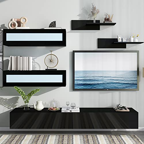 Wall Mount Floating TV Stand with Media Storage, RGB LED Lights, Black C5241
