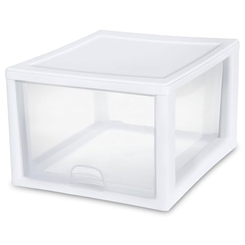 Sterilite 4-Pack 27 Quart Stacking Drawer, Clear Storage Organizer with White Frame M965