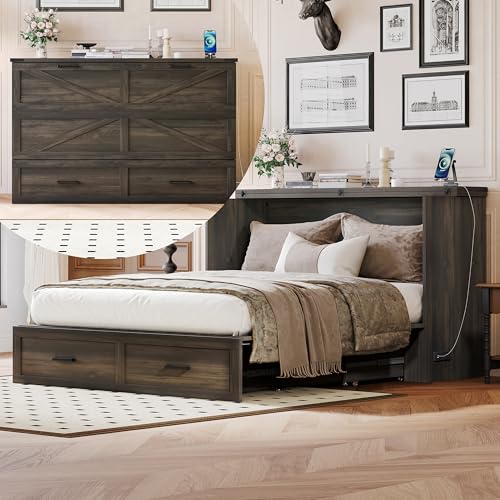 Murphy Cabinet Bed Frame with Charging Station, Full-Size Foldable Wall Bed Z526