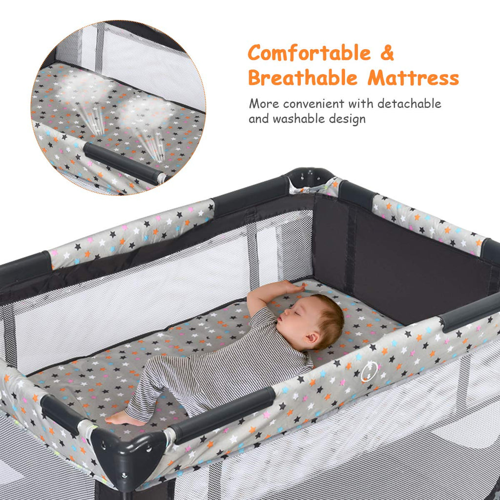 HONEY JOY Pack and Play, Foldable Baby Playard with Bassinet, Gray D272491