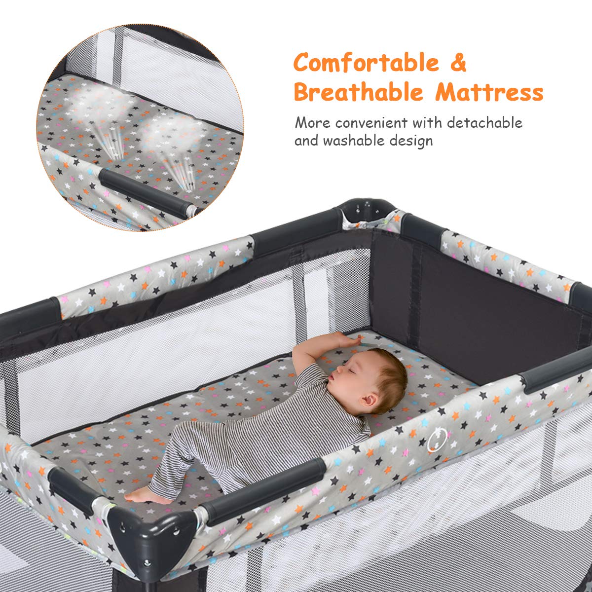 HONEY JOY Pack and Play, Foldable Baby Playard with Bassinet, Gray D272491