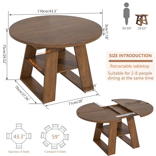 Extendable Round Dining Table for 4-8 with Removable Leaves, Wood Base, Walnut V742