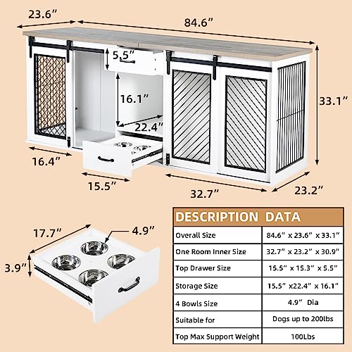 Extra Large Dog Crate Furniture 85" Sliding Door Double Kennel for 2 Large Dogs, White N35378