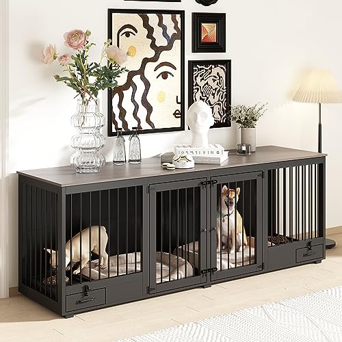 Large Wooden Dog Crate for 2 Dogs with Bowl Drawers, White F986