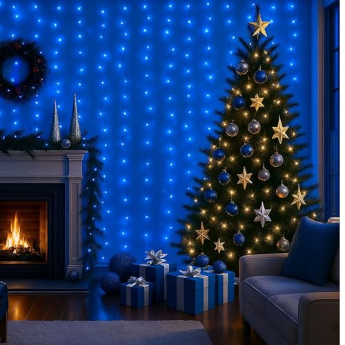 DomeStar 300 LED Fairy Curtain Lights, 9.8ft x 9.8ft, Battery Operated, Remote, Waterproof, Blue E40014