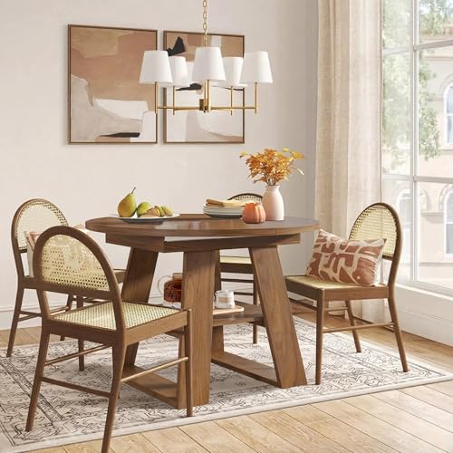 Extendable Round Dining Table for 4-8 with Removable Leaves, Wood Base, Walnut V742