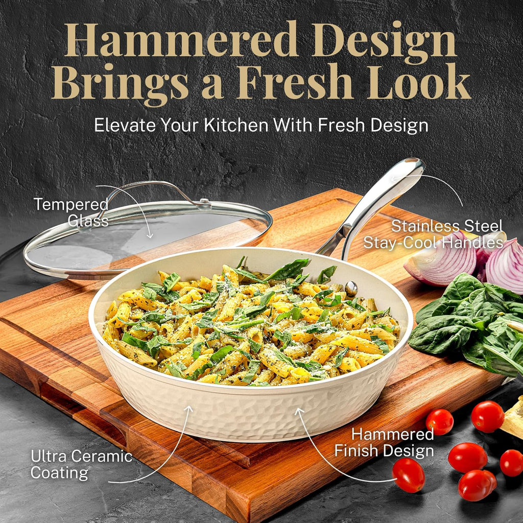 Gotham Steel Hammered 15 Piece Non Stick Ceramic Cookware Set, Cream White H772