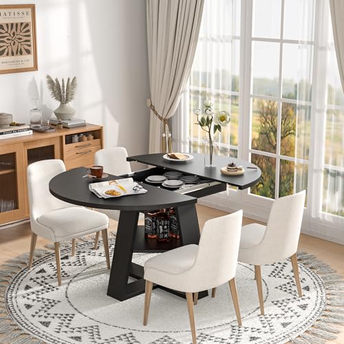 Extendable Round Dining Table for 4-8 with Removable Leaves, Wood Base, Walnut V742