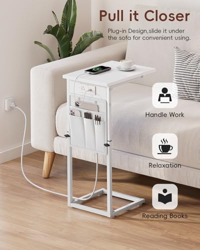 Vagusicc C Shaped End Table with Charging Station, Adjustable Height, Brown C747005
