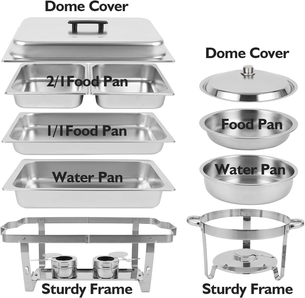Restlrious Chafing Dish Buffet Set Stainless Steel 5QT Round & 8QT Rectangle Foldable Chafer, 5 Pk P620522