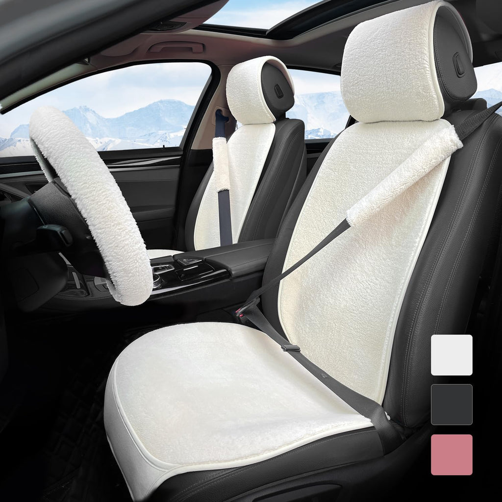 2 Pack Short Plush Sheepskin Car Front Seat Cover Set with Steering Wheel Cover and Seat Belt Pad, Winter Universal Faux Sheepskin Car Seat Protector, Lambswool Seat Cushion for Most Car-White
